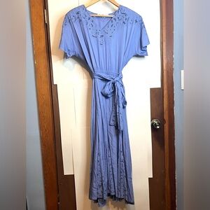 VTG Susan Macy Romantic Cornflower Blue Rayon Boho Cottagecore Belted Maxi Dress